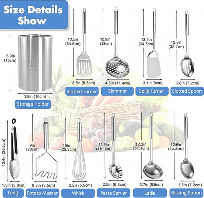 Cooking Utensils Set 11pcs - Stainless Steel Kitchen Utensils Set with Holder, Heat Resistant Kitchen Utensils Sets for Cooking with Turners, Potato Masher, Skimmer, Spoons, Ladle, Tongs, Whisk - Image 7