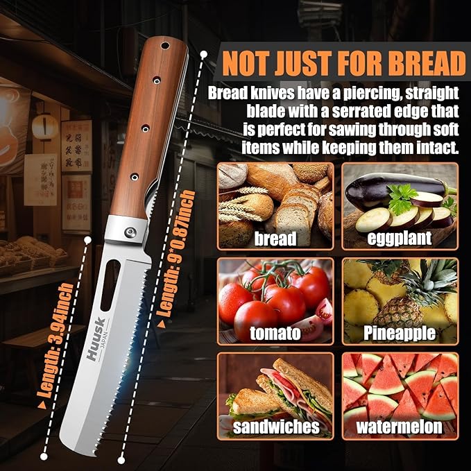 HUUSK Folding Bread Knife for Homemade Bread, Portable Bread Knives with Wide Wavy Edge for Steak, Tomato, Japanese Pocket Knife with 440C Stainless Steel for Cooking, Christmas Gift for Men and Women