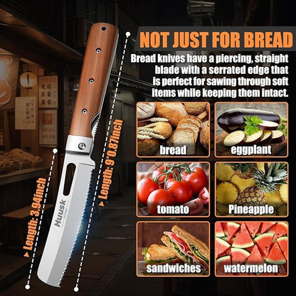HUUSK Folding Bread Knife for Homemade Bread, Portable Bread Knives with Wide Wavy Edge for Steak, Tomato, Japanese Pocket Knife with 440C Stainless Steel for Cooking, Christmas Gift for Men and Women