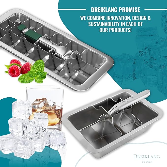 Stainless Steel Polished Ice Cube Tray for freezer with Lever Insert for Easy Release | Food-Safe & Durable Ice Cube Maker | Plastic-Free Large Ice Cube Tray