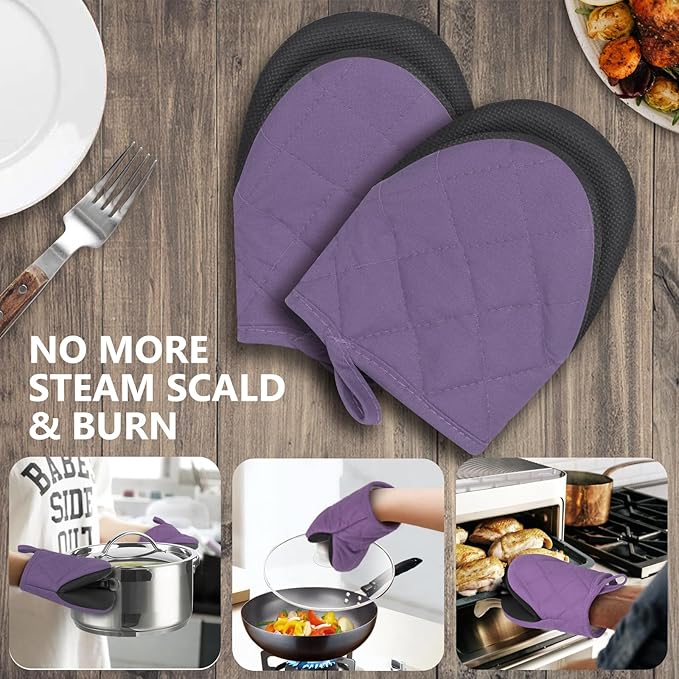 1 Pair Short Oven Mitts - Silicone Kitchen Oven Gloves High Heat Resistant 500℉, Mini Oven Mits with Non-Slip Grip Surfaces and Hanging Loop for BBQ, Baking, Cooking and Grilling (Purple) - Image 7
