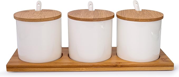 June Sky Ceramic Food Storage Containers with Bamboo Lid- Modern Design Porcelain Jar- Perfect Canister for Sugar Bowl Serving Tea, Coffee, Spice- Condiment Pot 8 oz, white