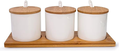 June Sky Ceramic Food Storage Containers with Bamboo Lid- Modern Design Porcelain Jar- Perfect Canister for Sugar Bowl Serving Tea, Coffee, Spice- Condiment Pot 8 oz, white