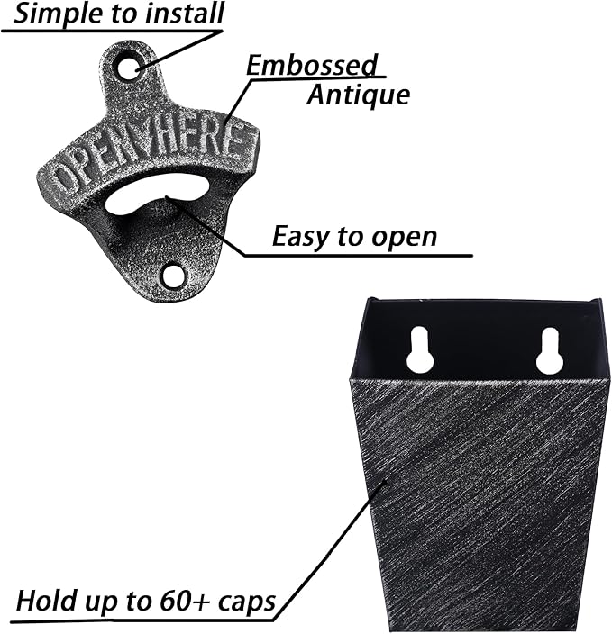 Old Fashioned Cast Iron Beer Cap Opener Wall Mounted Bottle Opener with Cap Catcher Narrow Bundle (Aged Silver) - Image 2
