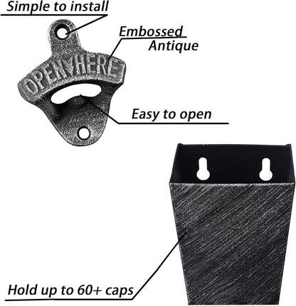 Old Fashioned Cast Iron Beer Cap Opener Wall Mounted Bottle Opener with Cap Catcher Narrow Bundle (Aged Silver) - Image 2