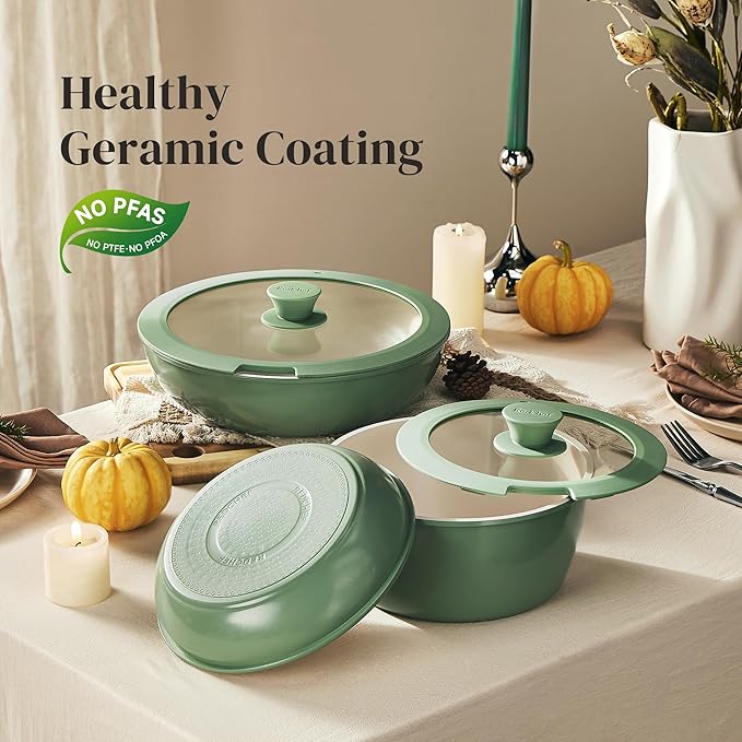 Redchef Ceramic Cookware Set, Removable Handle Pots and Pans Non-Stick, Rv Cookware Set, Non-Toxic Pots and Pans Set No PFAS, PTFE, PFOA, Detachable Pots and Pans, Dishwasher & Oven Safe (Green) - Image 5