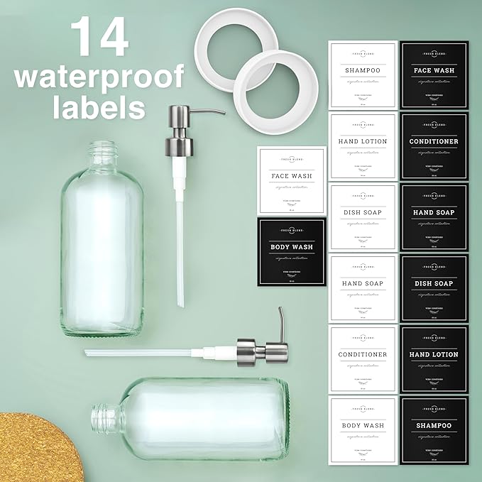 Vine Creations Clear Glass Soap Dispenser, 2 Pack Kitchen Soap Dispenser Set with Stainless Steel Pump, 16 oz Hand Soap or Dish Soap for Bathroom or Kitchen with Waterproof Labels - Image 5