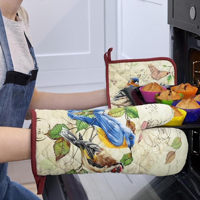 Vintage Bird Oven Mitts and Pot Holders Sets 2Pcs, 100% Cotton Heat Resistant, Extra Long Oven Gloves Potholder for Kitchen Cooking Baking Decoration, Housewarming Gifts for Mom - Image 6