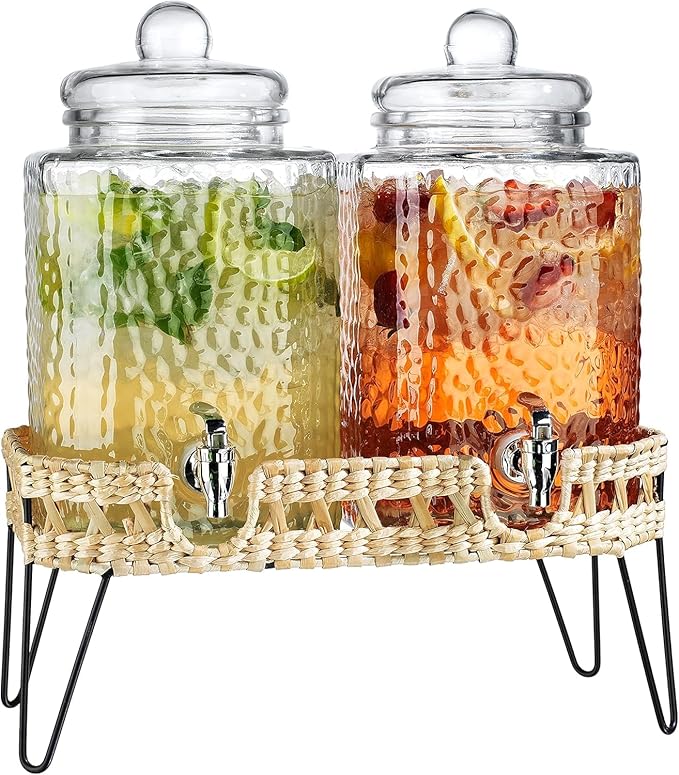 MosJos Beverage Dispensers - Set of 2 Glass Drink Dispensers with Metel Stand - 1.5-Gallon Capacity - Perfect for Lemonade, Juice, Water, Iced Tea, Punch (Wicker Design-Clear) - Image 4