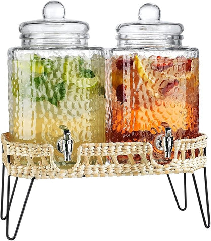 MosJos Beverage Dispensers - Set of 2 Glass Drink Dispensers with Metel Stand - 1.5-Gallon Capacity - Perfect for Lemonade, Juice, Water, Iced Tea, Punch (Wicker Design-Clear) - Image 4