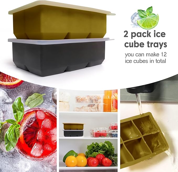 Silicone Ice Cube Trays with Lids,Large Square Ice Cube Molds for Freezer, Whiskey, Cocktail, Stackable Flexible and Reusable & Easy Release BPA Free (2 Pack&Dark Gray and Army green) - Image 3