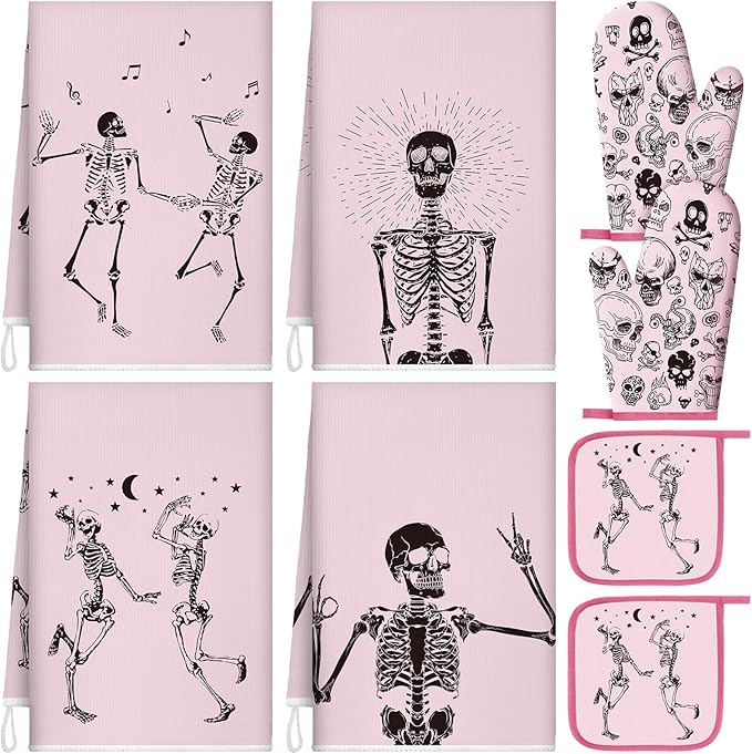 Leinuosen 8 Pcs Skull Kitchen Decor Set Kitchen Towels Gothic Oven Mitts and Pot Holders Skeleton Hand Dish Towels Horror Oven Mitts for Home Decoration Party Gifts (Pink,Dance) by Leinuosen