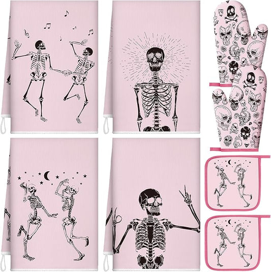 Leinuosen 8 Pcs Skull Kitchen Decor Set Kitchen Towels Gothic Oven Mitts and Pot Holders Skeleton Hand Dish Towels Horror Oven Mitts for Home Decoration Party Gifts (Pink,Dance) by Leinuosen