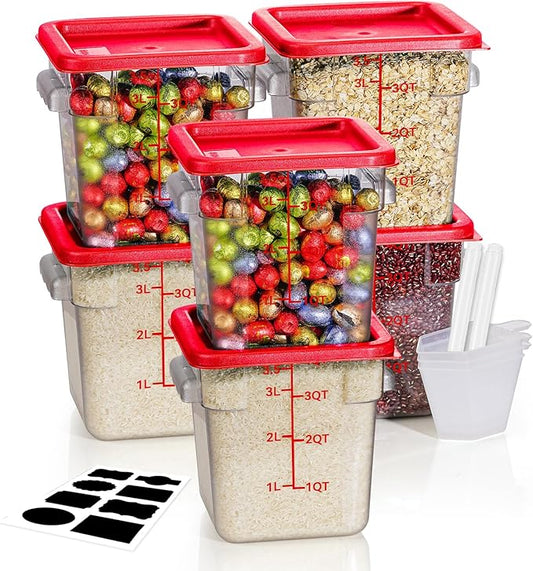 4QT NSF Food Storage Containers: 8 PCS [Food Grade][Hot&Cold Resistant] Commercial Clear Food Storage Containers with Lids for Restaurant Kitchen Proof Dough, Measuring Spoons Included(Red) by SVKLHY