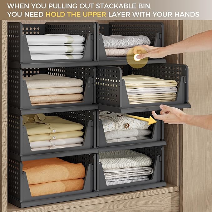 Pinkpum 8 Pack Closet Organizers and Storage Plastic Stackable Storage Bins, Foldable Drawer Shelf Storage Container for Wardrobe Kitchen Bathroom Dorm Black - Image 3