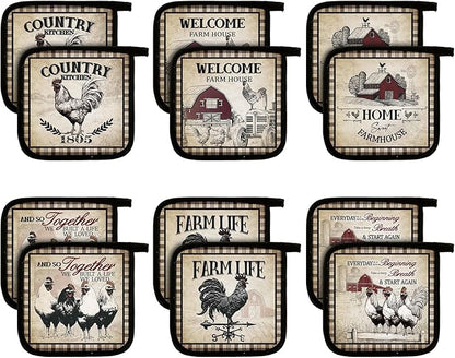 Bencailor 12 Pcs Pot Holders with Pocket Kitchen Hot Potholders Hot Pad Oven Mitts Cookie Bag Oven Gloves for Kitchen Gift Baking Cooking(Brown,Farmhouse Rooster)