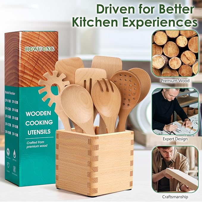 HOWHONG Wooden Spoons for Cooking, Beech Wood Kitchen Utensil Set, Premium Handmade Wooden Cooking Utensils for Nonstick Cookware, Heat Resistant, Smooth Finish, Comfortable Grip, 8 Piece - Image 6