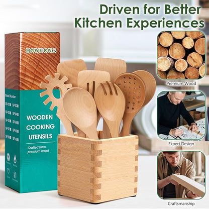 HOWHONG Wooden Spoons for Cooking, Beech Wood Kitchen Utensil Set, Premium Handmade Wooden Cooking Utensils for Nonstick Cookware, Heat Resistant, Smooth Finish, Comfortable Grip, 8 Piece - Image 6
