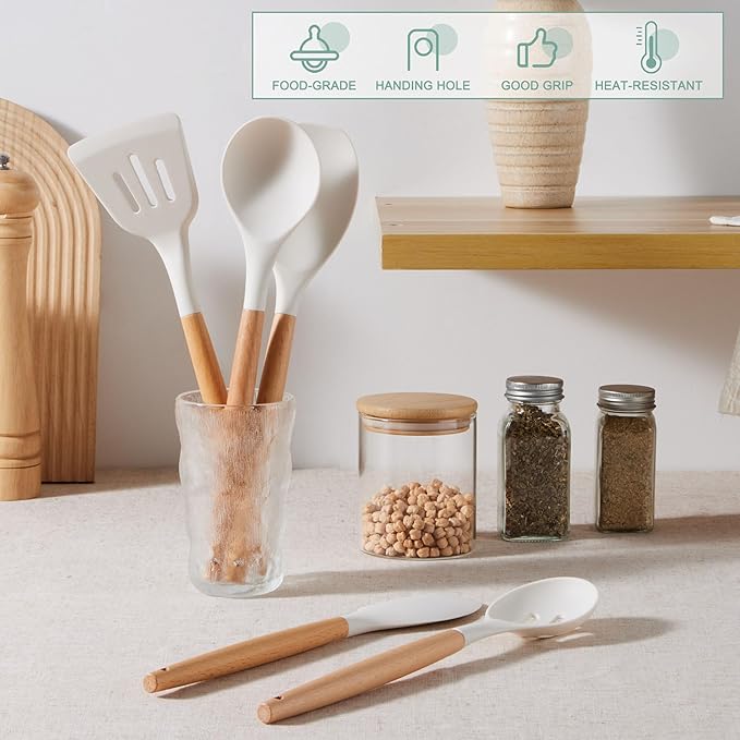 E-far Silicone Cooking Utensils Set, 446℉ Heat Resistant 10PCS Kitchen Utensils Set with Wooden Handle for Nonstick Cookware, Kitchen Tools Spatula Whisk Tongs Ladle, Non-toxic & Healthy, White - Image 5