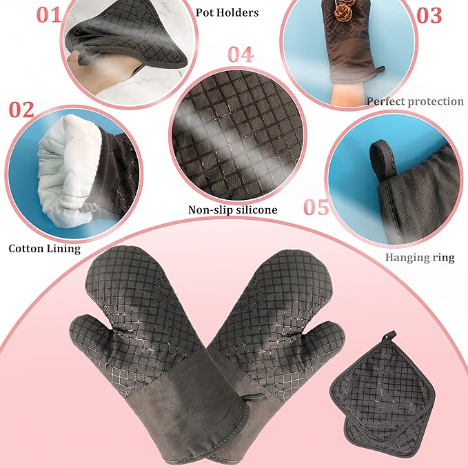 4 Pcs Oven Mitts and Pot Holders,500°F High Heat Resistant Kitchen Oven Mitts with Pot Holders,Long Oven Mitts with Recycled Cotton Infill and Silicone Non-Slip Surface for Baking and Cooking(Grey) - Image 3