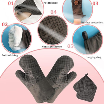 4 Pcs Oven Mitts and Pot Holders,500°F High Heat Resistant Kitchen Oven Mitts with Pot Holders,Long Oven Mitts with Recycled Cotton Infill and Silicone Non-Slip Surface for Baking and Cooking(Grey) - Image 3