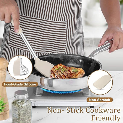 TeamFar Cooking Utensils Set, 5 PCS Silicone Kitchen Utensils with Stainless Steel Handle for Nonstick Cookware Turning Flipping Frying Draining, Heatproof & Healthy, Nonstick & Easy Clean, Khaki - Image 5