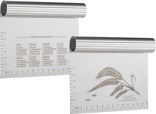 2PCS Dough Pastry Bench Cutter Scraper, OLULU Stainless Steel Kitchen Food Scraper with Protective Cover, Anti-Wear Laser-Engraved Measuring Scale and Ear Of Wheat, Dishwasher Safe (2Pack, 6 inch) by OLULU