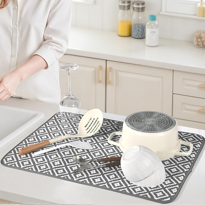 Subekyu 2 Pack Dish Drying Mat, 24*18 inch Ultra Absorbent Microfiber Dishes Drainer Mats for Kitchen Counter, Large Size Dish Drying Pad with Rhombus patterns - Image 5