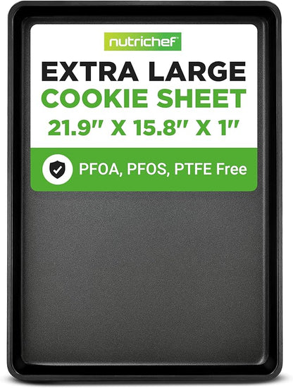 NutriChef Nonstick XL Cookie Sheet Baking Pan - Extra Large 22 Inch x 16 Inch with Raised Edges, Thick Carbon Steel Oven Baking Sheet for Jelly Rolls, Cookies, Cakes, & Pastries - Black