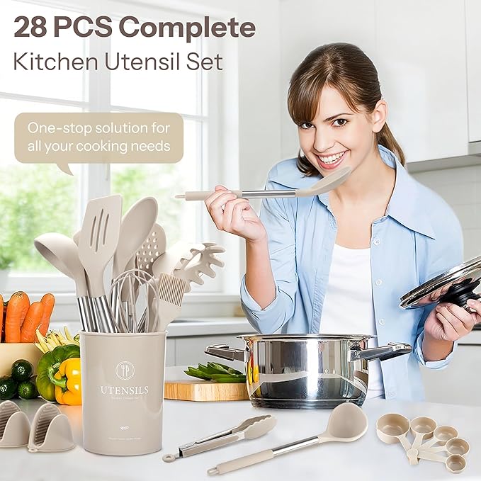 NCUE Silicone Cooking Utensils Set, 28 Pcs Kitchen Utensils Set 446°F Heat Resistant Spatula Set, Food Grade Silicone and Stainless Steel Handle Kitchen Gadgets for Nonstick Cookware BPA Free - Image 2