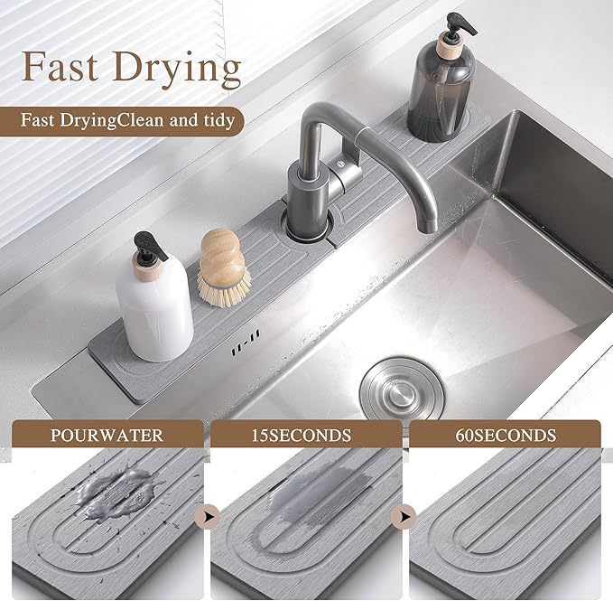 Faucet Mat for Kitchen Sink -Diatomite Stone Drying Mat for Kitchen Counter & Bathroom Sink,Quick-Dry Kitchen Sink Mat-Sink Protector & Splash Guard,Super Absorbent (Gray, 15.8"x4") - Image 2