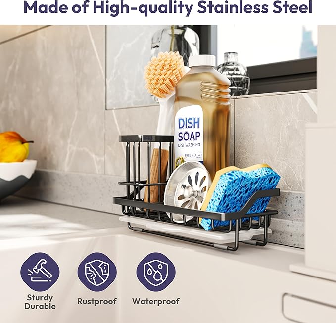 SWTYMIKI Sink Caddy Sponge Holder - Kitchen Sink Organizer with High Brush Holder for Countertop to Hold Dish Soaps and Sponges, Stainless Steel, Black - Image 2