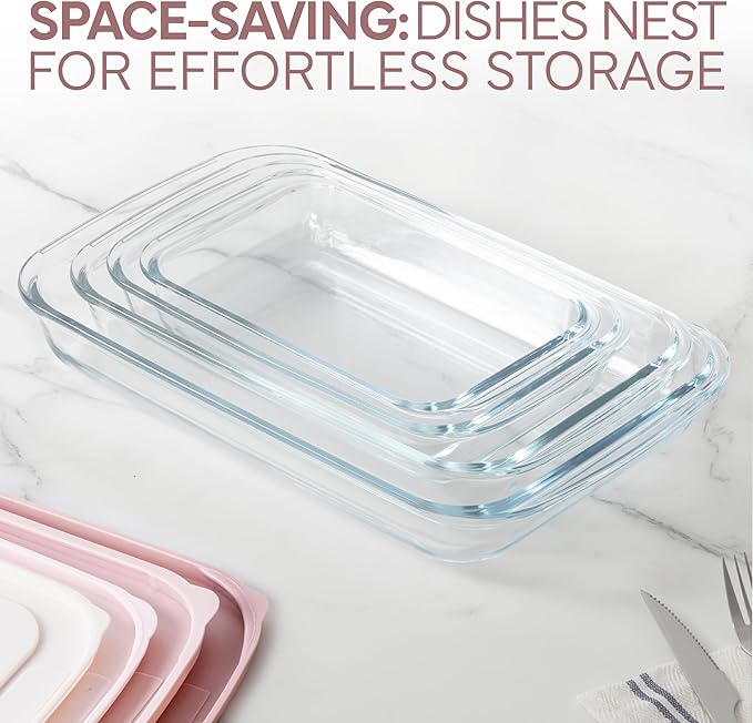 COOK WITH COLOR 8 PC. Glass Baking Dish Set with Lids - Deep Casserole Dish, Glass Food Container, Oven, Freezer and Microwave Safe, Clear Container, Pink - Image 4