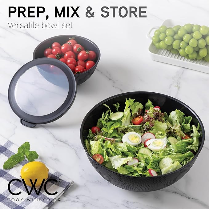 COOK WITH COLOR Mixing Bowls with Lids - 12 Piece Plastic Nesting Bowls Set includes 6 Prep Bowls and 6 Lids, Microwave Safe Mixing Bowl Set, Black Rhombus - Image 3