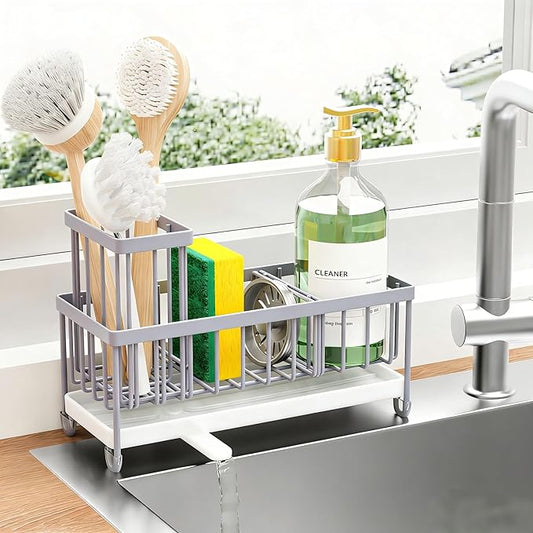 Cisily Sponge Holder for Kitchen Sink, Sink Caddy Organizer with High Brush Holder, Kitchen Countertop Organizers and Storage Essentials, Rustproof 304 Stainless Steel (Gray, 9.25″) by CISILYHOMELIFE