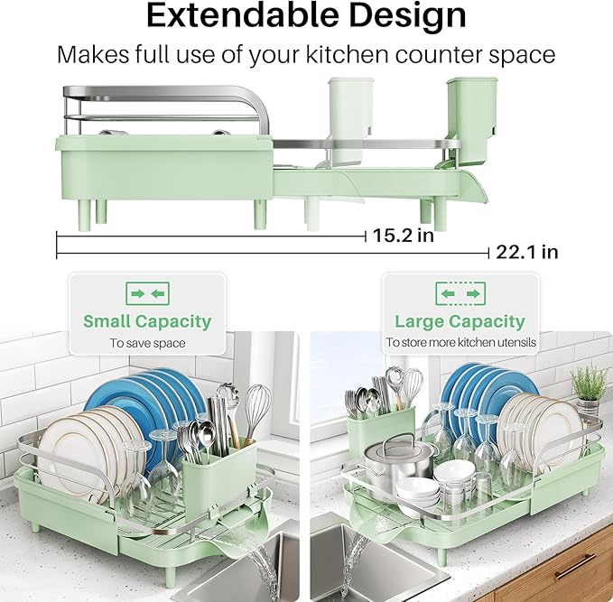 SNTD Dish Drying Rack, Expandable Dish Rack for Kitchen Counter, Stainless Steel Dish Drainer with Drainboard Set and Utensil Holder (Green) - Image 3