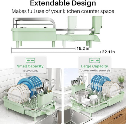SNTD Dish Drying Rack, Expandable Dish Rack for Kitchen Counter, Stainless Steel Dish Drainer with Drainboard Set and Utensil Holder (Green) - Image 3
