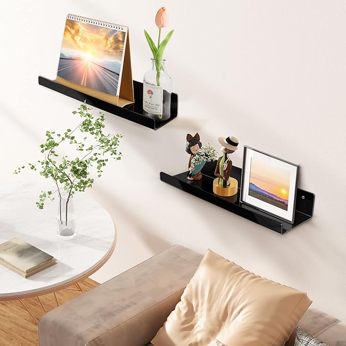 upsimples Acrylic Shelves for Wall Decor, 15" Display Shelf Perfume Organizer for Bathroom, Bedroom, Living Room, Floating Bookshelves for Kids, Black, 4 Pack - Image 2
