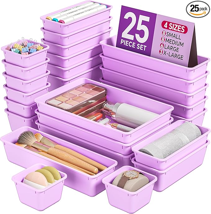 KEMETHY 25 PCS Plastic Drawer Organizers Set, 4 Sizes Vanity Organizer, Makeup and Desk Drawer Organizer Trays, Organization and Storage for Makeup, Bathroom, Kitchen Utensils and Office (Purple) by KEMETHYFocusesonCreatingEfficientStorageProductswithQualityMaterials