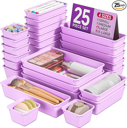 KEMETHY 25 PCS Plastic Drawer Organizers Set, 4 Sizes Vanity Organizer, Makeup and Desk Drawer Organizer Trays, Organization and Storage for Makeup, Bathroom, Kitchen Utensils and Office (Purple) by KEMETHYFocusesonCreatingEfficientStorageProductswithQualityMaterials