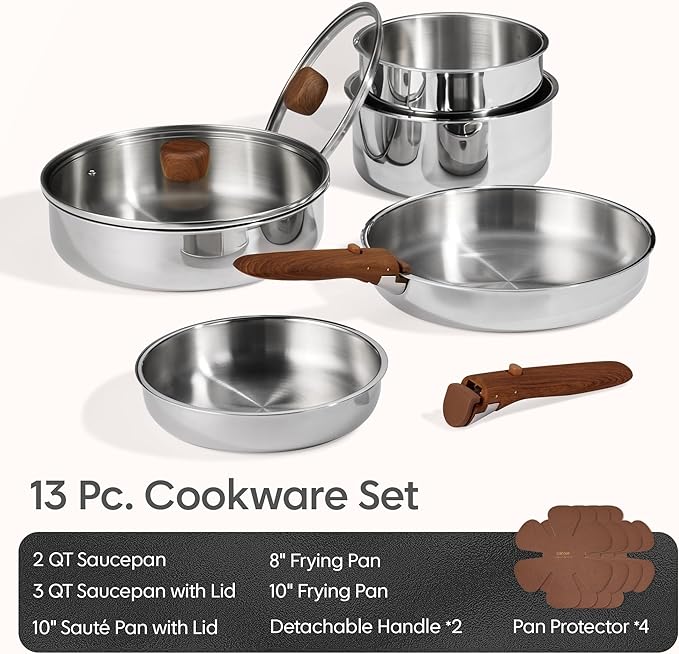 CAROTE 13 PCS Tri-Ply Stainless Steel Cookware Set with Detachable Handle, Pots and Pans Set, Induction Kitchen Cooking Sets, RV/Camping Cookware, Oven Safe - Image 2