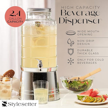 Style Setter Patchwork Beverage Dispenser Cold Drink Dispenser w/ 2.4-Gallon Capacity Glass Jug, Ice Insert, Fruit Infuser, Galvanized Base, Leak Proof Spigot Great for Parties Weddings