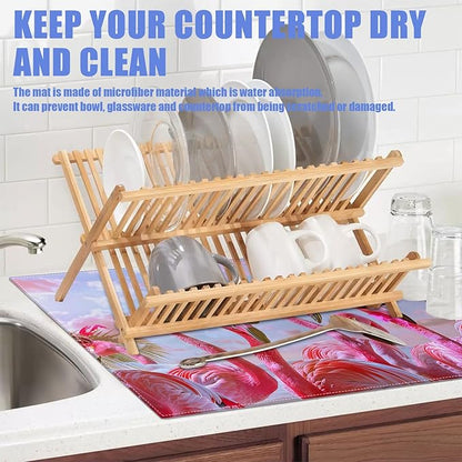 Spring Summer Flamingo Dish Drying Mat for Kitchen Counter Drying Pad Absorbent Reversible Dish Drainer Rack Mats Draining Pad 18"x24"Inch