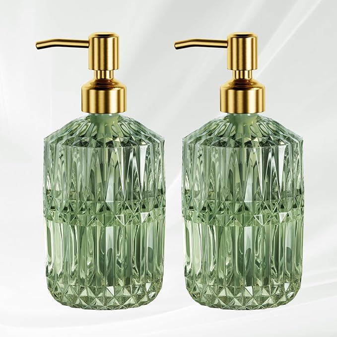AmazerBath Soap Dispenser, 2 Pack Green Glass Soap Dispenser with Pump Stainless Steel, 14.2OZ Luxury Gold Hand Soap Bottles Bathroom Kitchen by AmazerBath