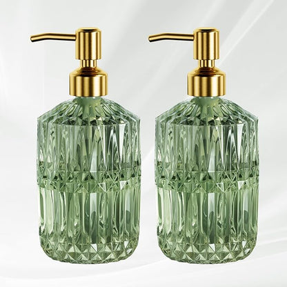 AmazerBath Soap Dispenser, 2 Pack Green Glass Soap Dispenser with Pump Stainless Steel, 14.2OZ Luxury Gold Hand Soap Bottles Bathroom Kitchen by AmazerBath