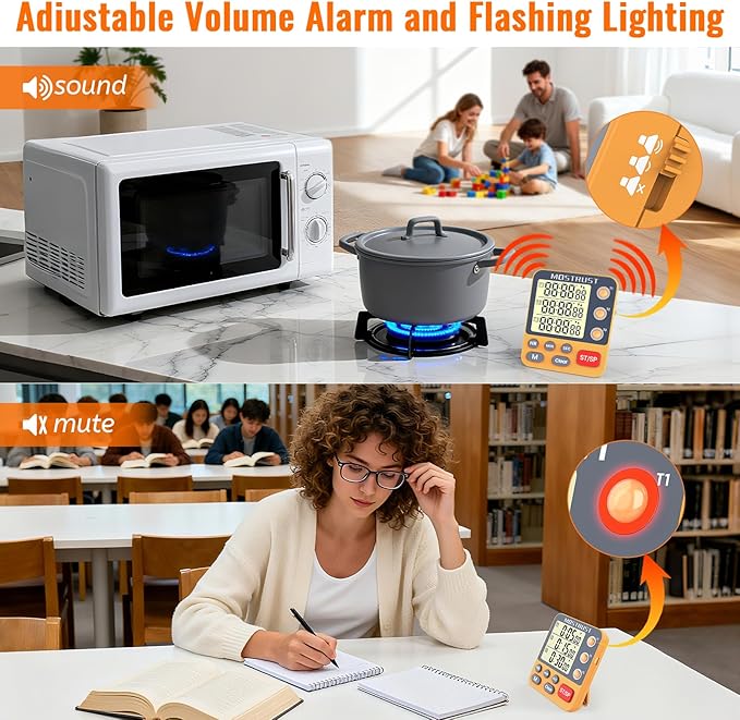 Digital Dual Kitchen Timer, 3 Channels Countdown Triple Timer for Cooking, Magnetic Memory-Preset Large Display Adjustable Alarm Volume, Multi Times Management, 3A Battery Included, Orange - Image 3