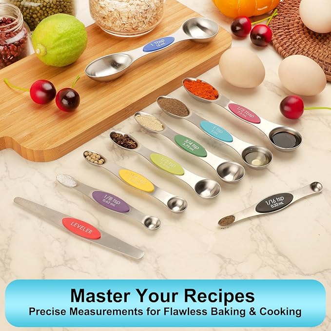 Magnetic Measuring Spoons Set of 9 with Leveler, Color-Coded Dual Sided Stainless Steel Measuring Spoon Set, Stackable Teaspoon and Tablespoon Set for Baking, Cooking, Kitchen Gadgets Dishwasher Safe - Image 6