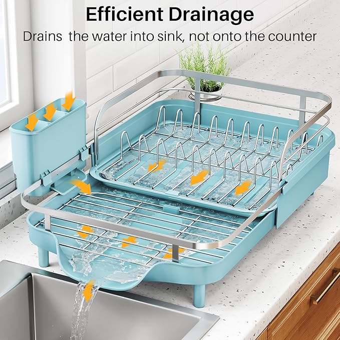 SNTD Dish Drying Rack, Expandable Dish Rack for Kitchen Counter, Stainless Steel Dish Drainer with Drainboard Set and Utensil Holder (Blue) - Image 4
