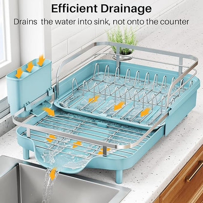 SNTD Dish Drying Rack, Expandable Dish Rack for Kitchen Counter, Stainless Steel Dish Drainer with Drainboard Set and Utensil Holder (Blue) - Image 4