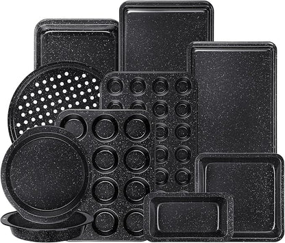 Terlulu 10-Piece Baking Pans Set, Bakeware Sets Nonstick, Baking Set for Oven Cooking, Stackable Carbon Steel Set Include Cookie Sheets, Muffin Pan, Cake Pan, Pizza Pan, Loaf Pan, Roasting Pan, Black